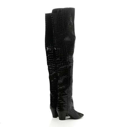 Saint Laurent Calfskin Crocodile Embossed Kim Thigh High Boots 39 Black 4 of 7