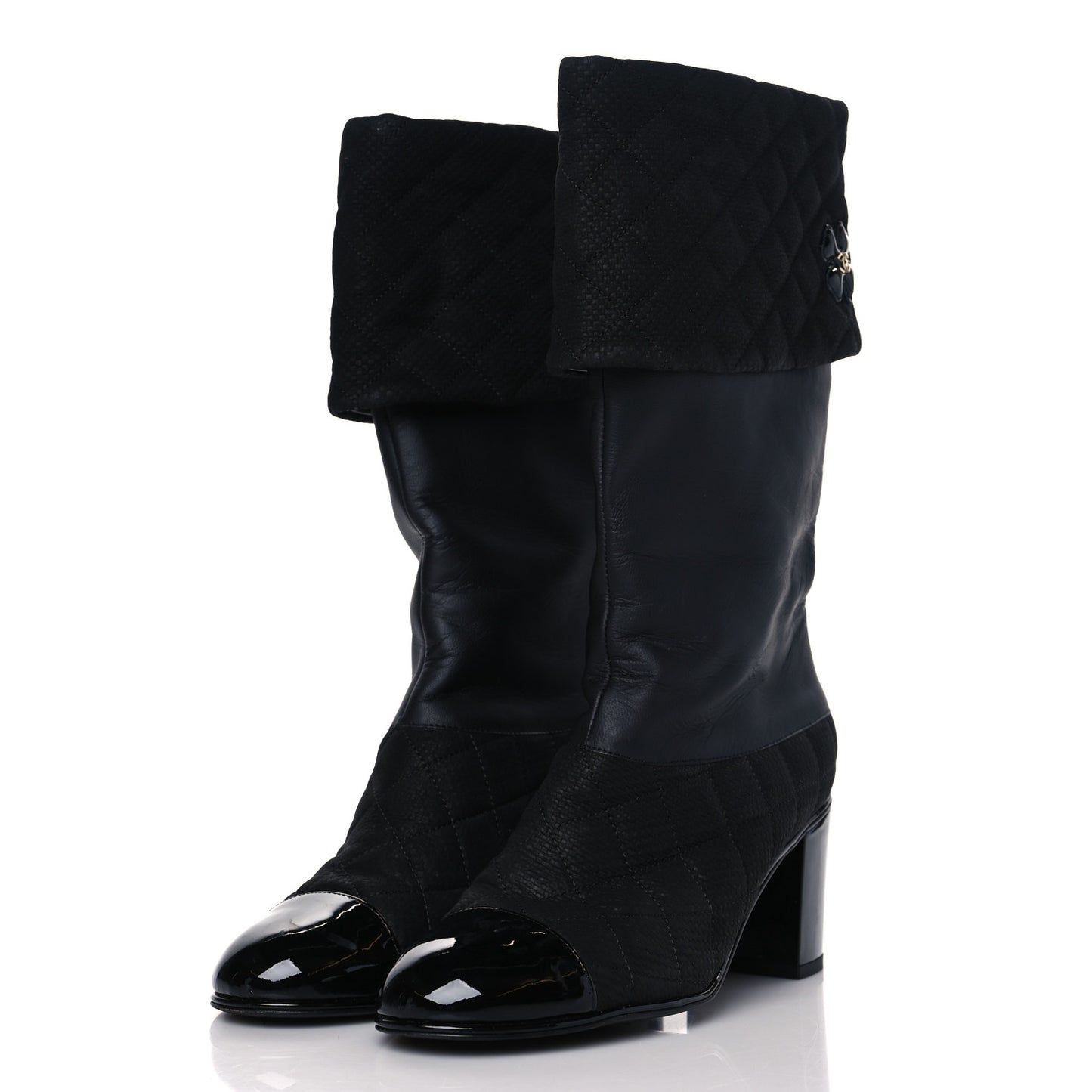 Perforated Suede Calfskin Patent Foldover CC Cap Toe Clover Short Boots 37.5 Black