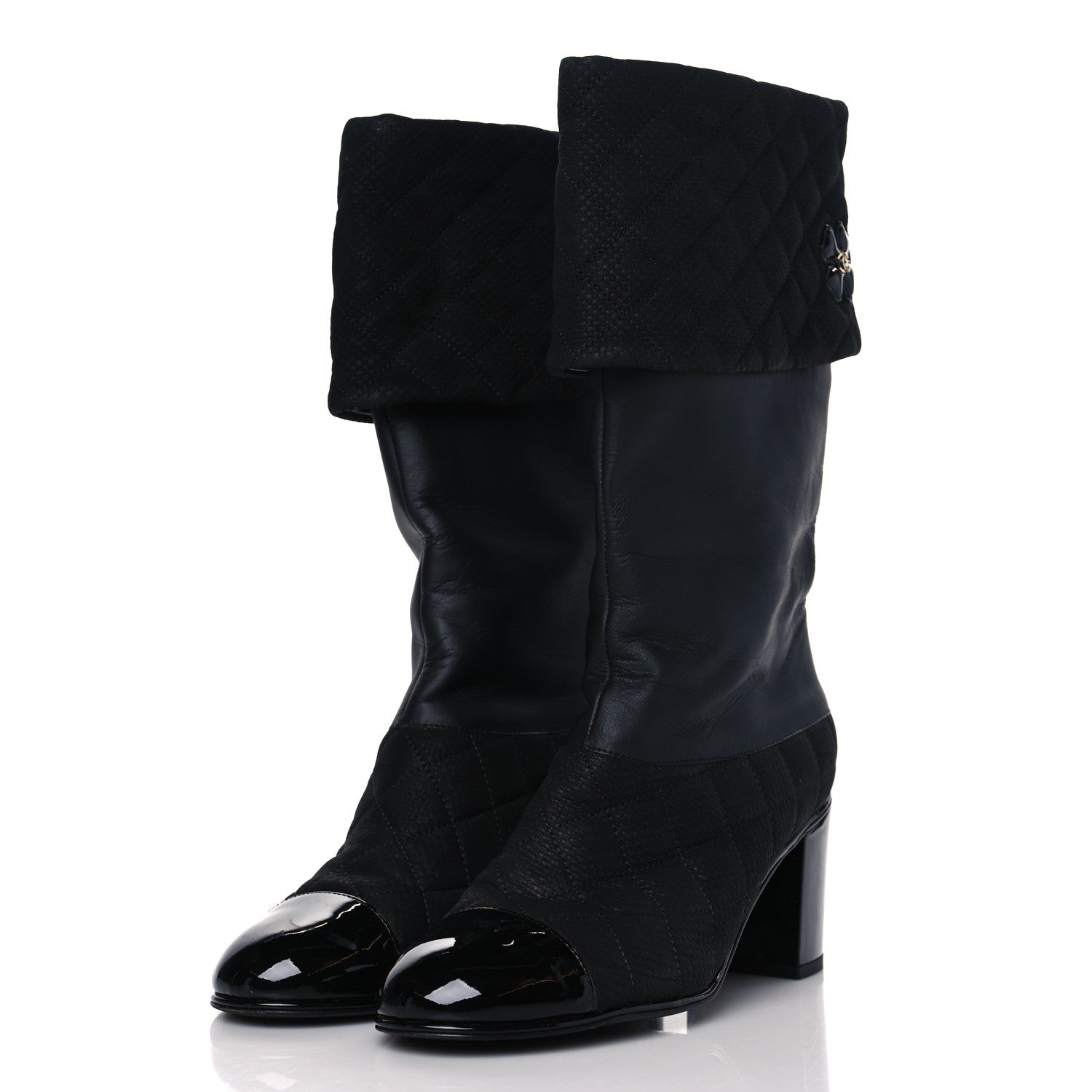 Chanel Perforated Suede Calfskin Patent Foldover CC Cap Toe Clover Short Boots 37.5 Black 4 of 8