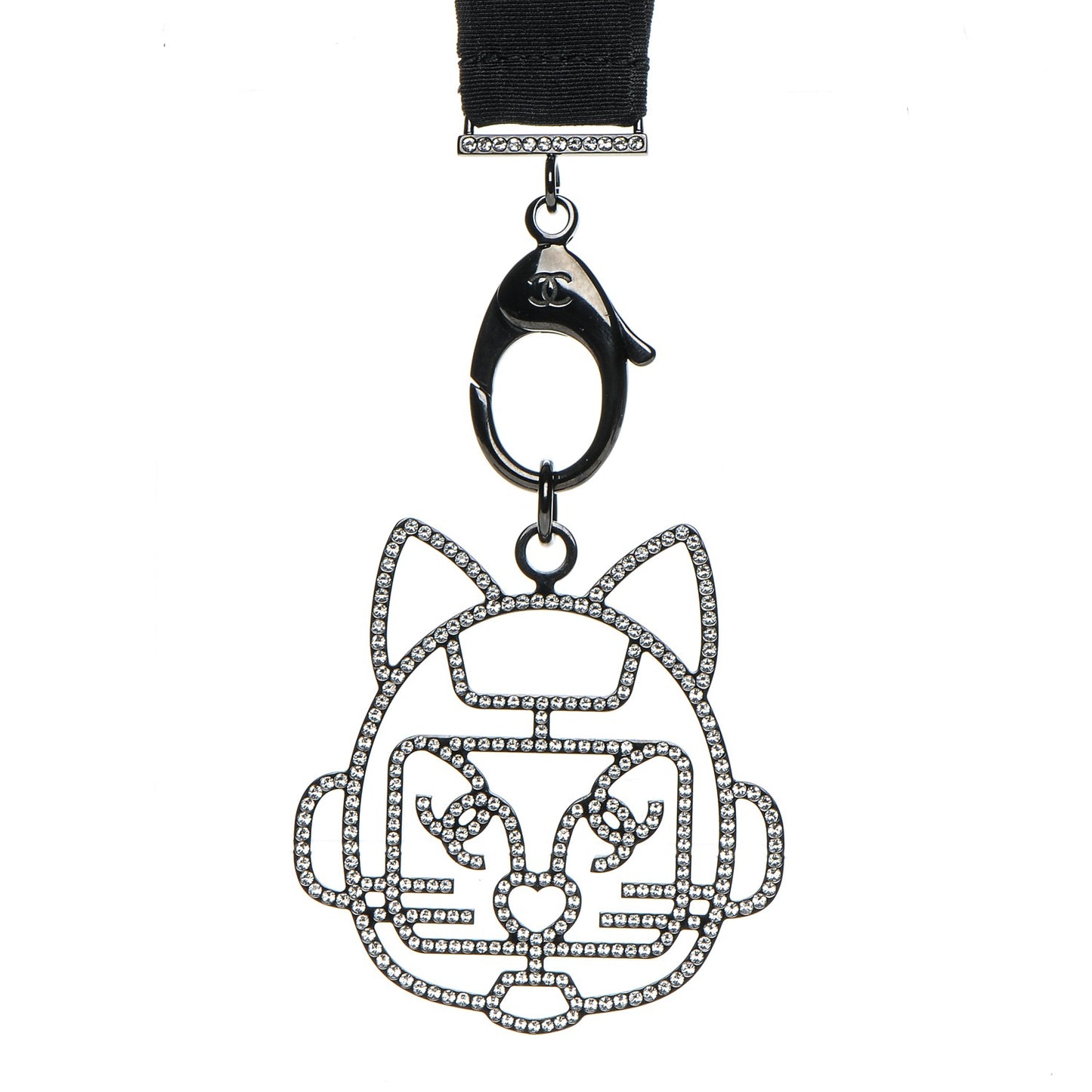 Crystal CC Emoji Robot Cat Lanyard Necklace Black Silver