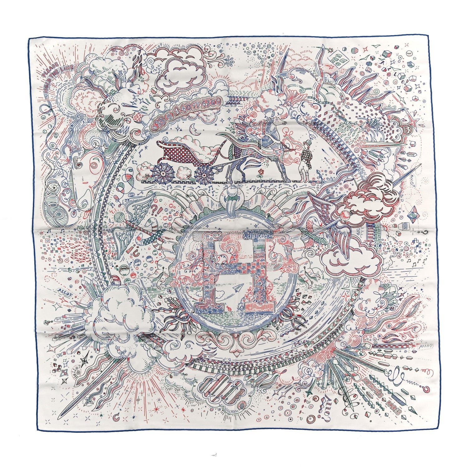 Hermes Silk Please Hold The Line Scarf 90 White Bleu Cobalt Rouge 1 of 5