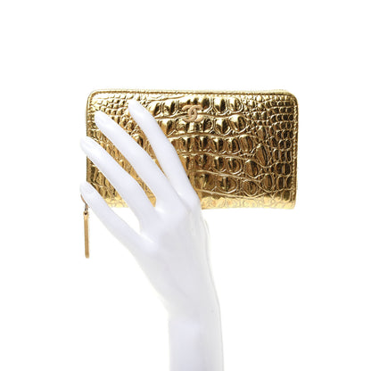 Chanel Metallic Calfskin Crocodile Embossed Small Zip Wallet Gold 2 of 8