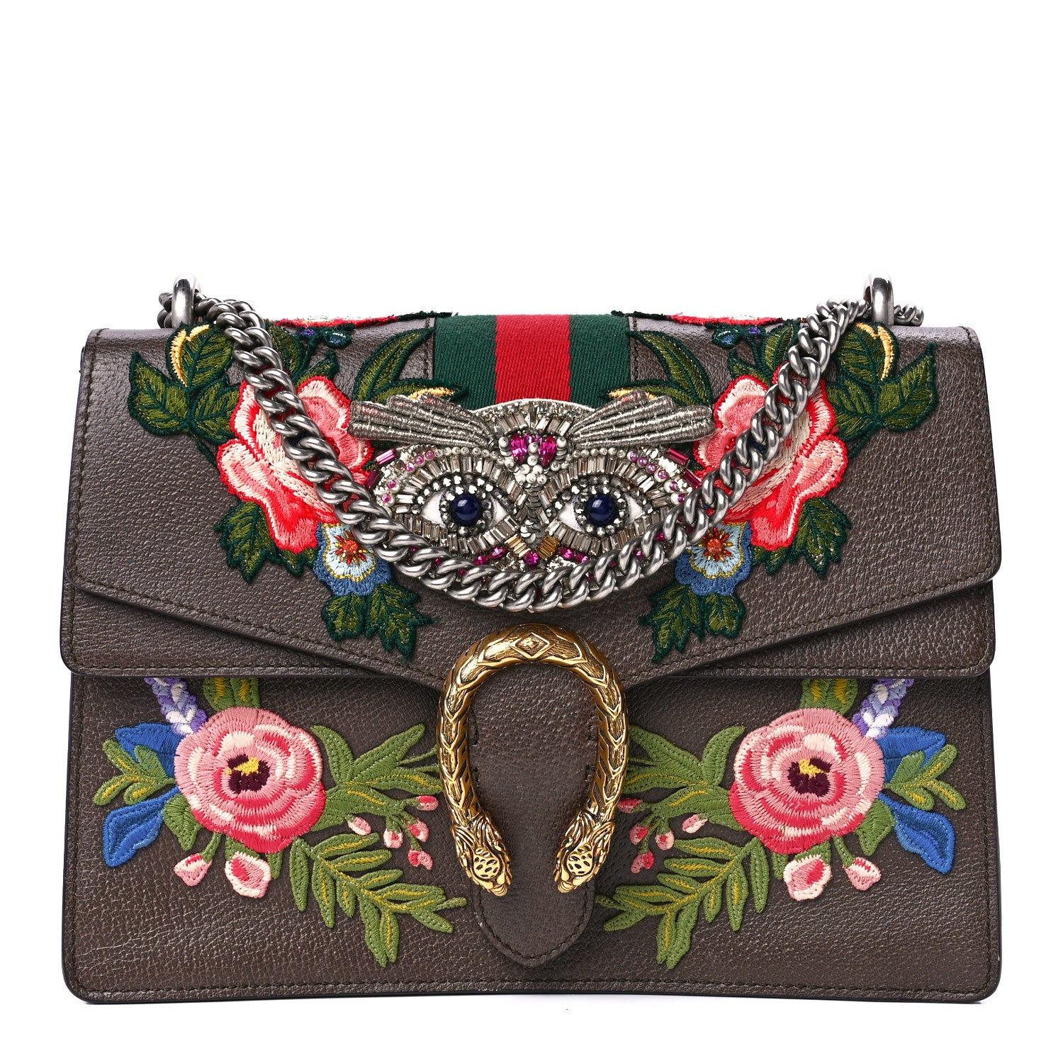 Gucci Calfskin Web Owl Embroidered Medium Dionysus Shoulder Bag New Acero Multicolor 1 of 12