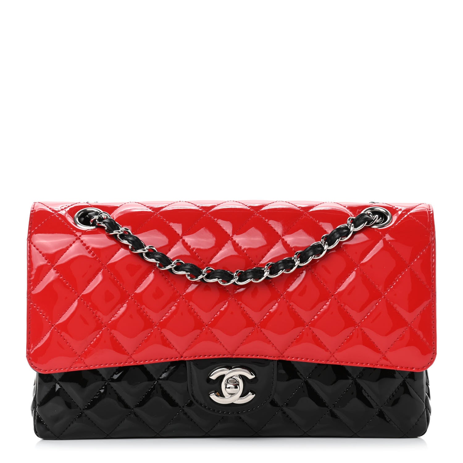 Chanel Patent Calfskin Quilted Bi-Color Medium Double Flap Red Black 1 of 13