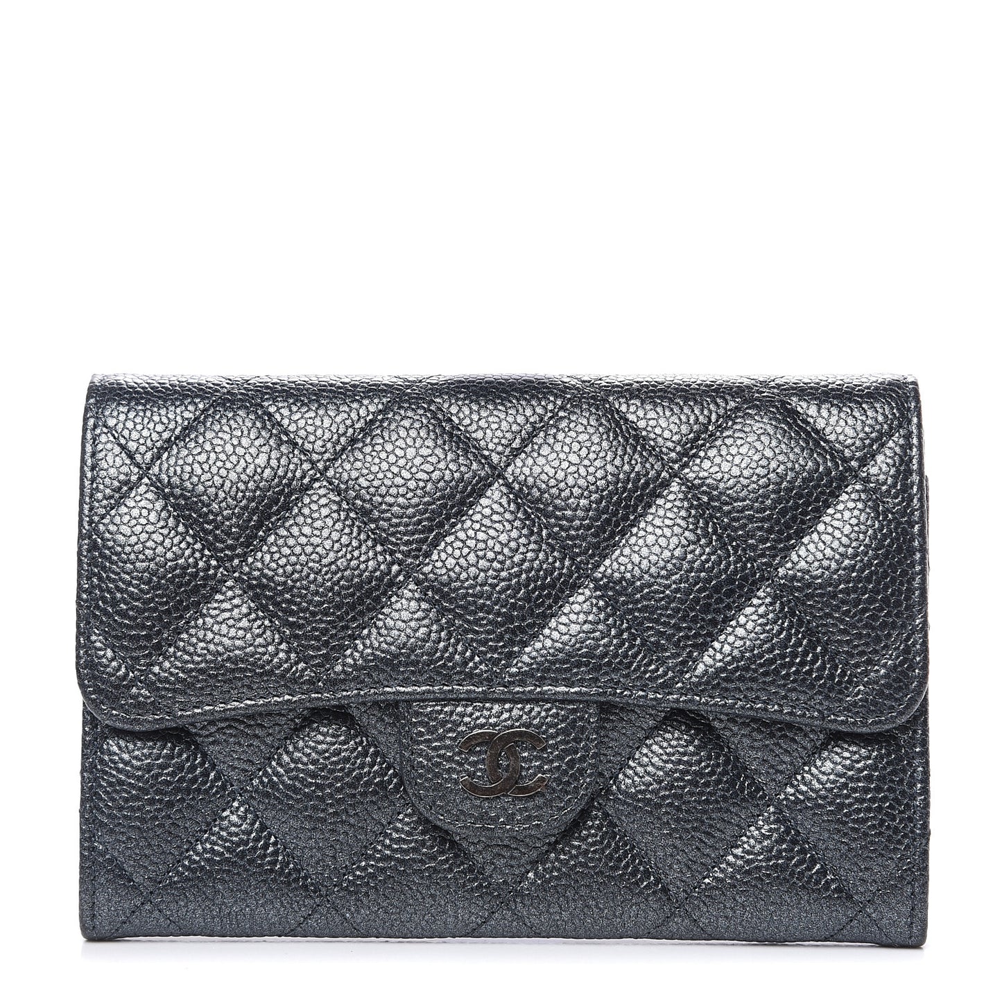 Metallic Caviar Quilted Small Flap Wallet Charcoal