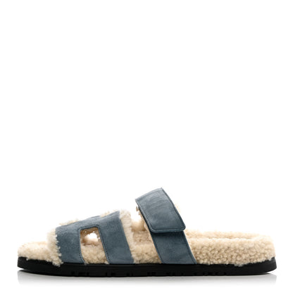 Hermes Suede Goatskin Woolskin Womens Chypre Sandals 37 Bleu Pinede Ecru 1 of 8