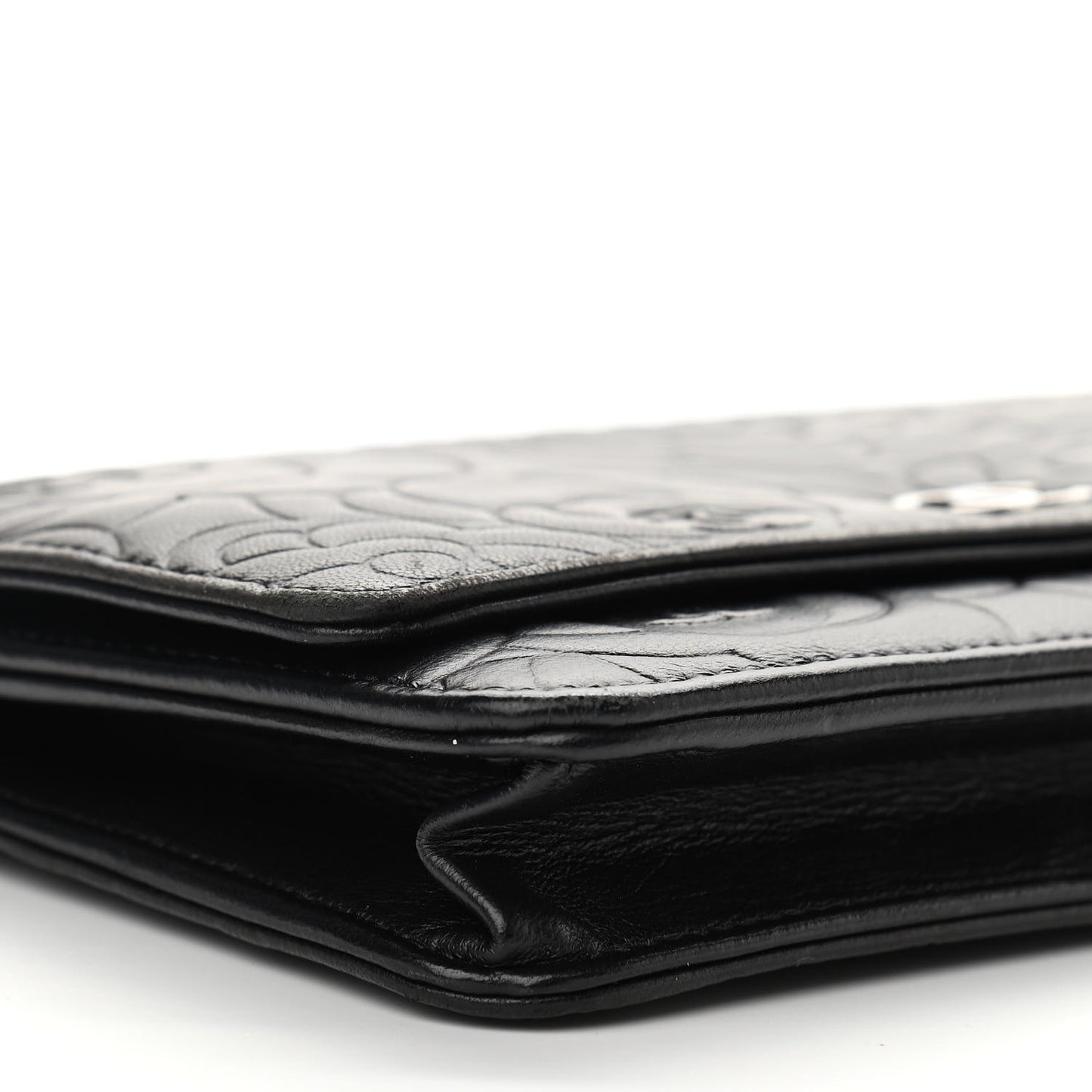 Lambskin Camellia Embossed Wallet on Chain WOC Black