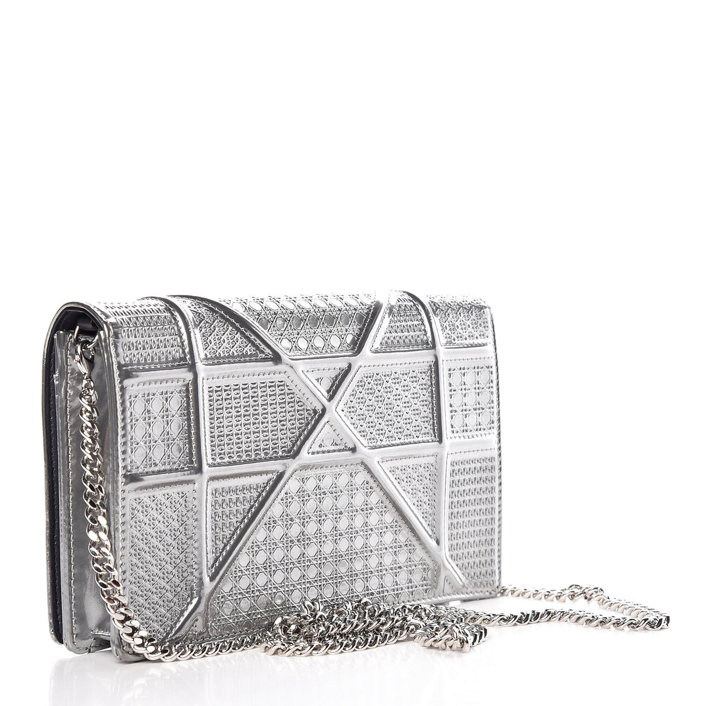 Metallic Patent Micro-Cannage Diorama Wallet on Chain Pouch Silver