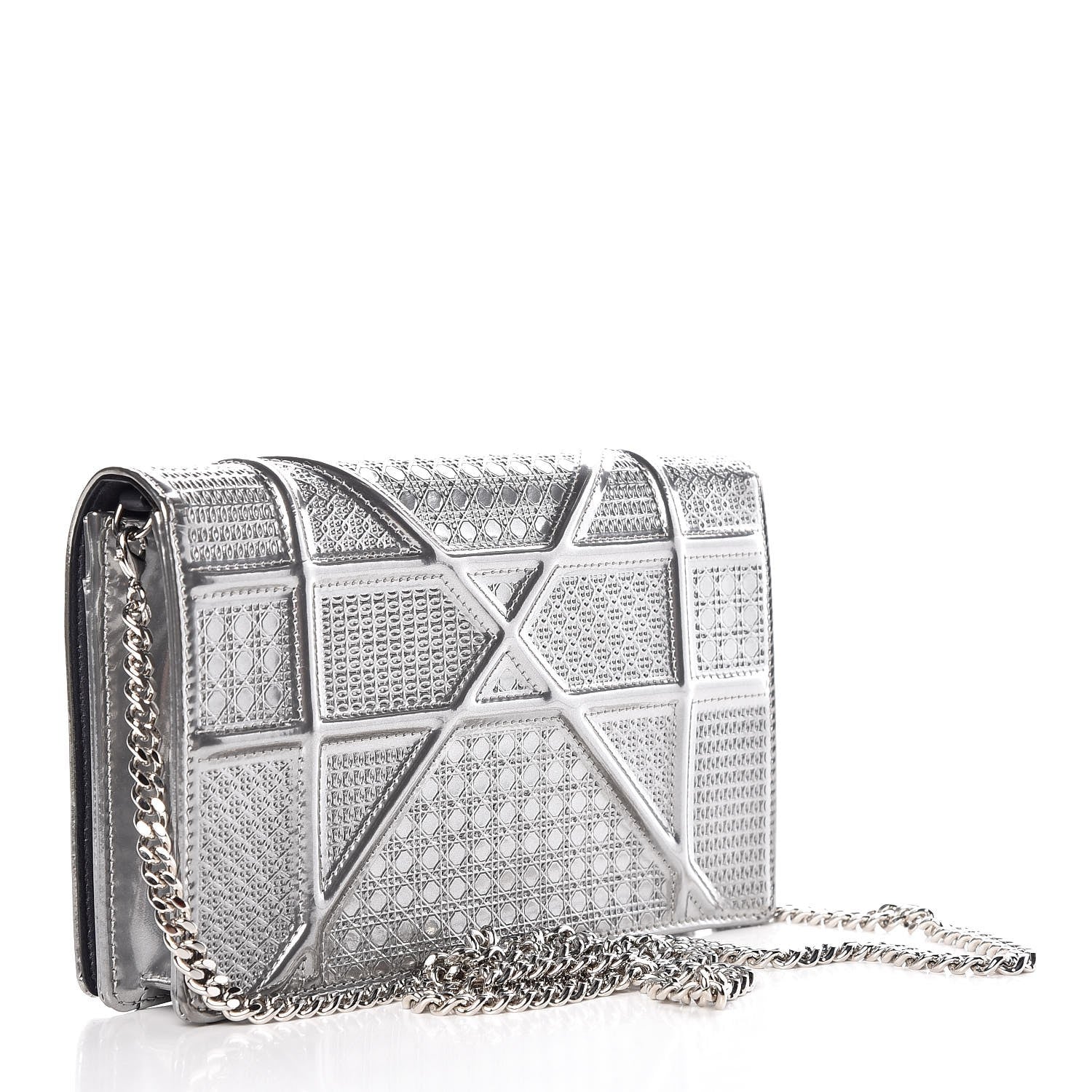 Christian Dior Metallic Patent Micro-Cannage Diorama Wallet on Chain Pouch Silver 3 of 8