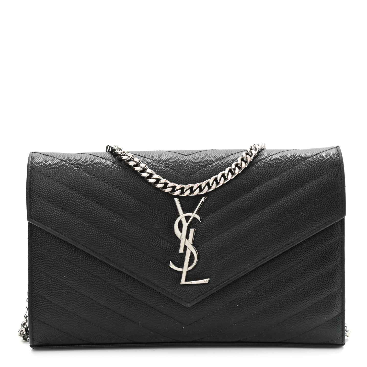 Saint Laurent Grain De Poudre Matelasse Chevron Monogram Chain Wallet Black 1 of 13