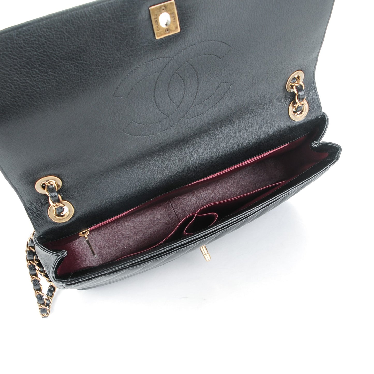 Shiny Goatskin Diagonal Quilted Medium Flap Black