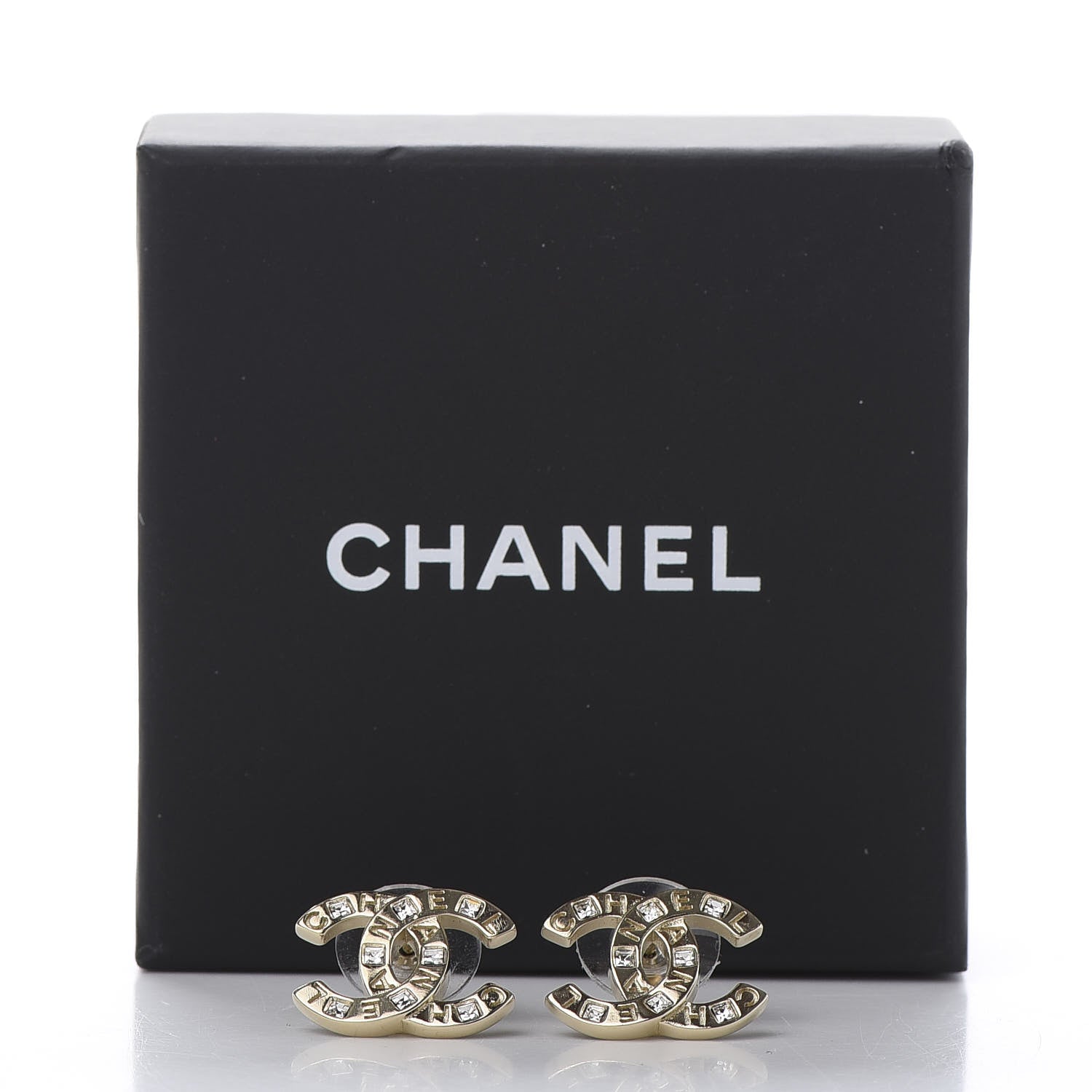 Chanel Crystal Metal CC Paris Button Stud Earrings Gold 5 of 5