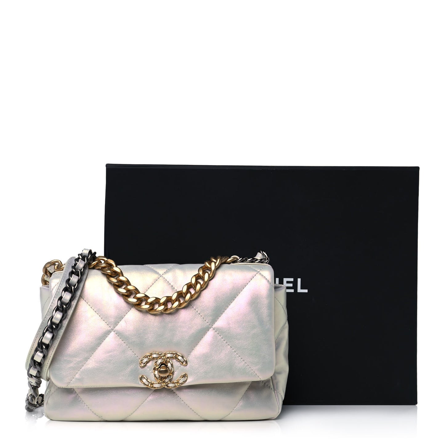 Iridescent Calfskin Quilted Medium Chanel 19 Flap White