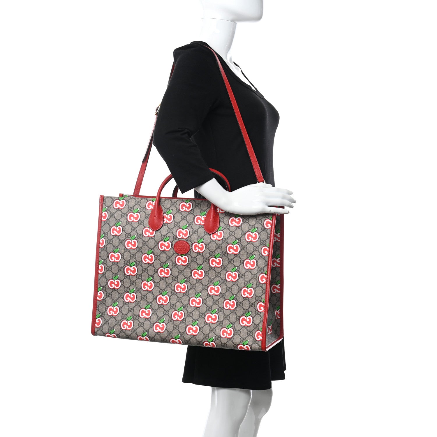 Gucci GG Supreme Monogram Apple Dollar Calfskin Large Retro Interlocking G Tote Bag Beige Ebony Multicolor Lobster Red 2 of 8