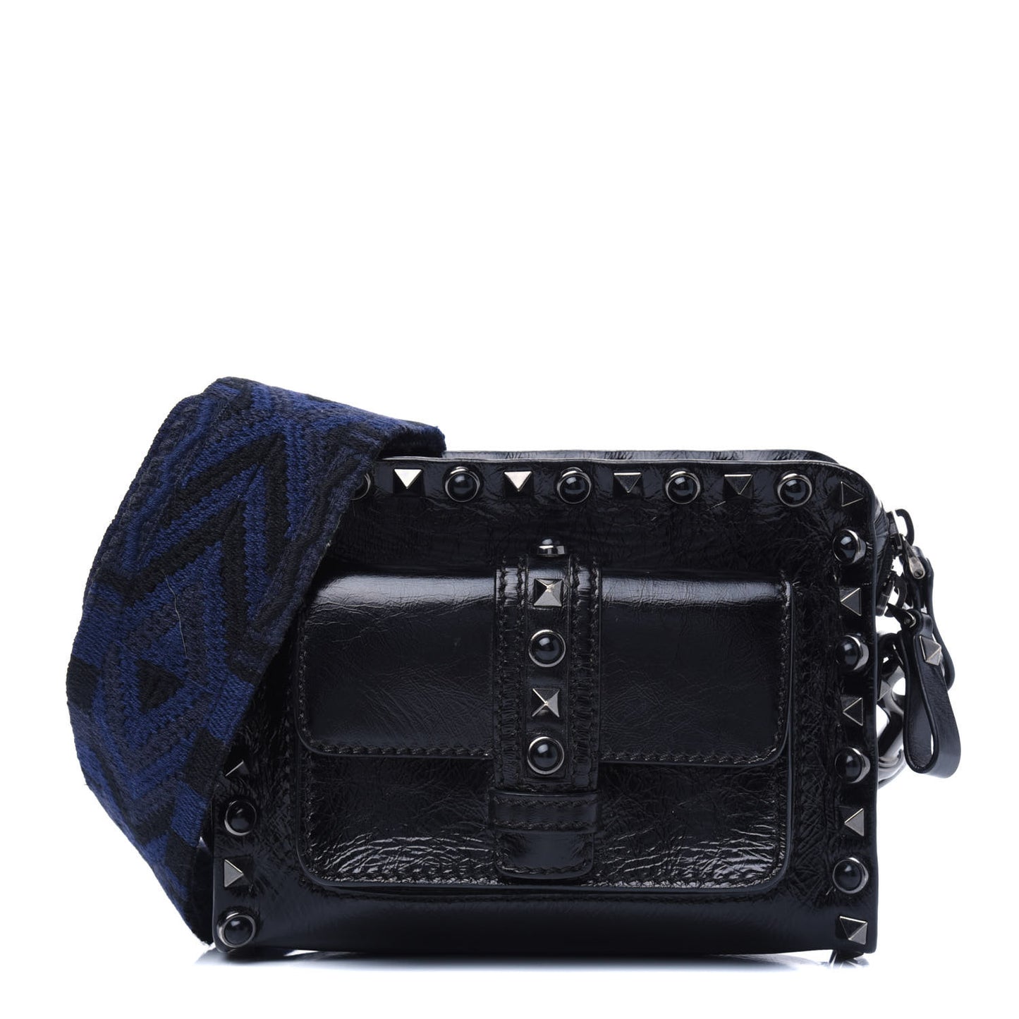 Craquele Calfskin Small Guitar Strap Rockstud Rolling Flap Pocket Shoulder Bag Black