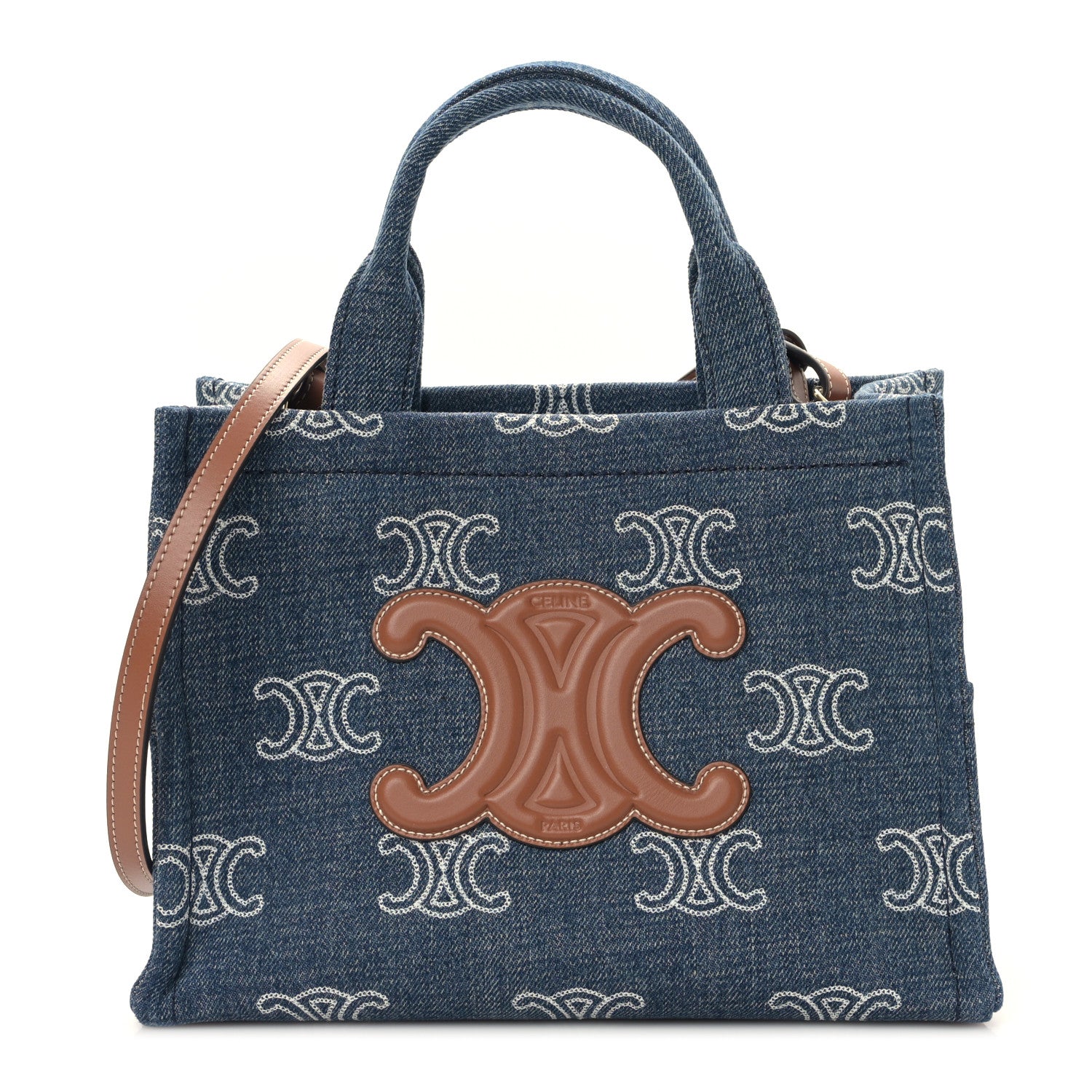Celine Denim Calfskin Triomphe Print Cabas Blue Tan 1 of 9
