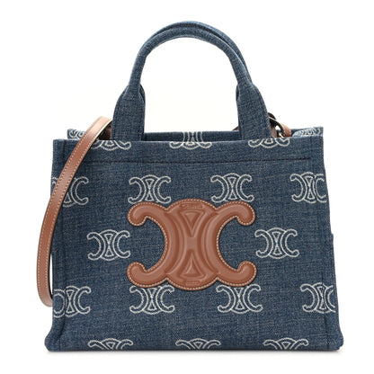 Celine Denim Calfskin Triomphe Print Cabas Blue Tan 1 of 9