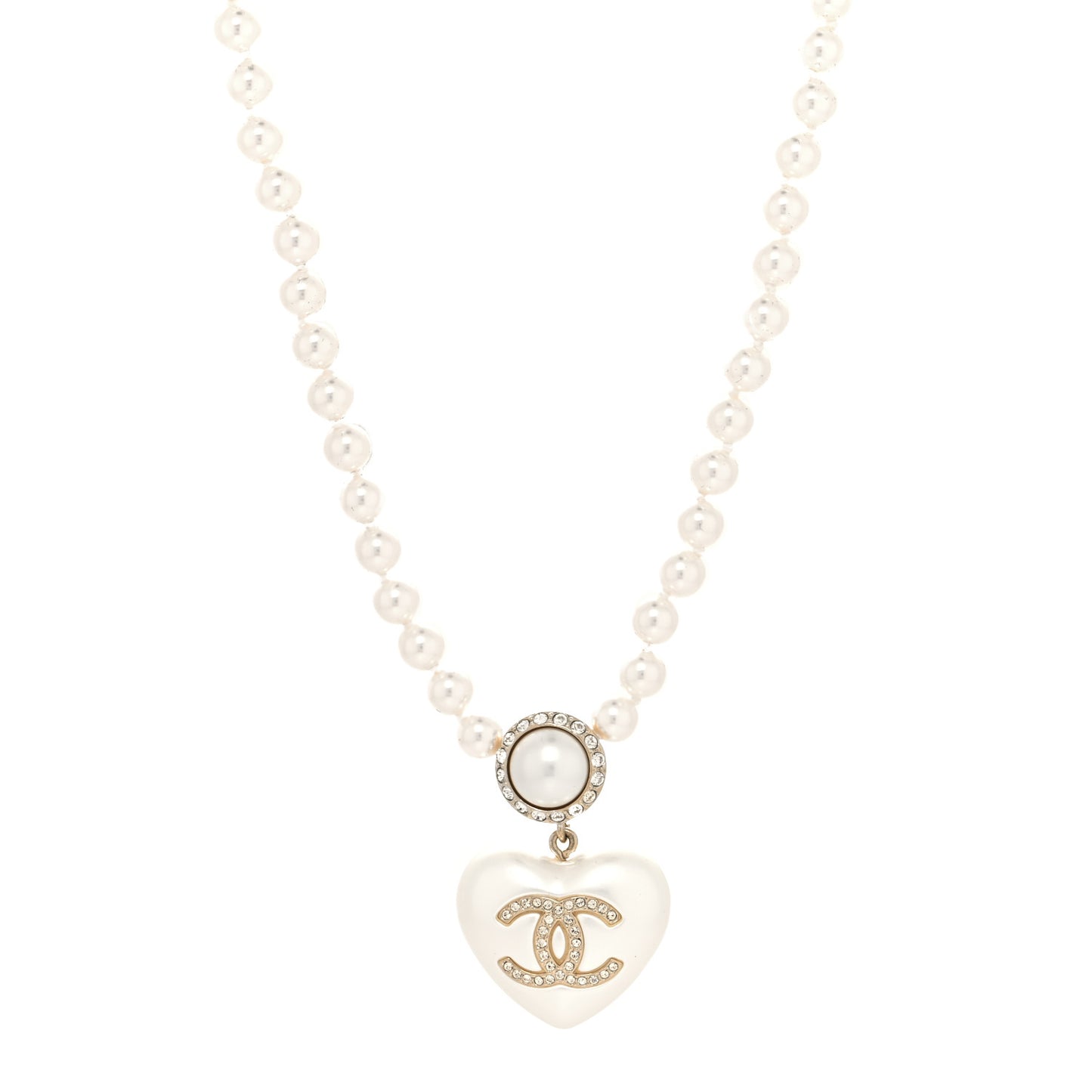 Pearl Crystal CC Heart Short Necklace Pearly White Gold