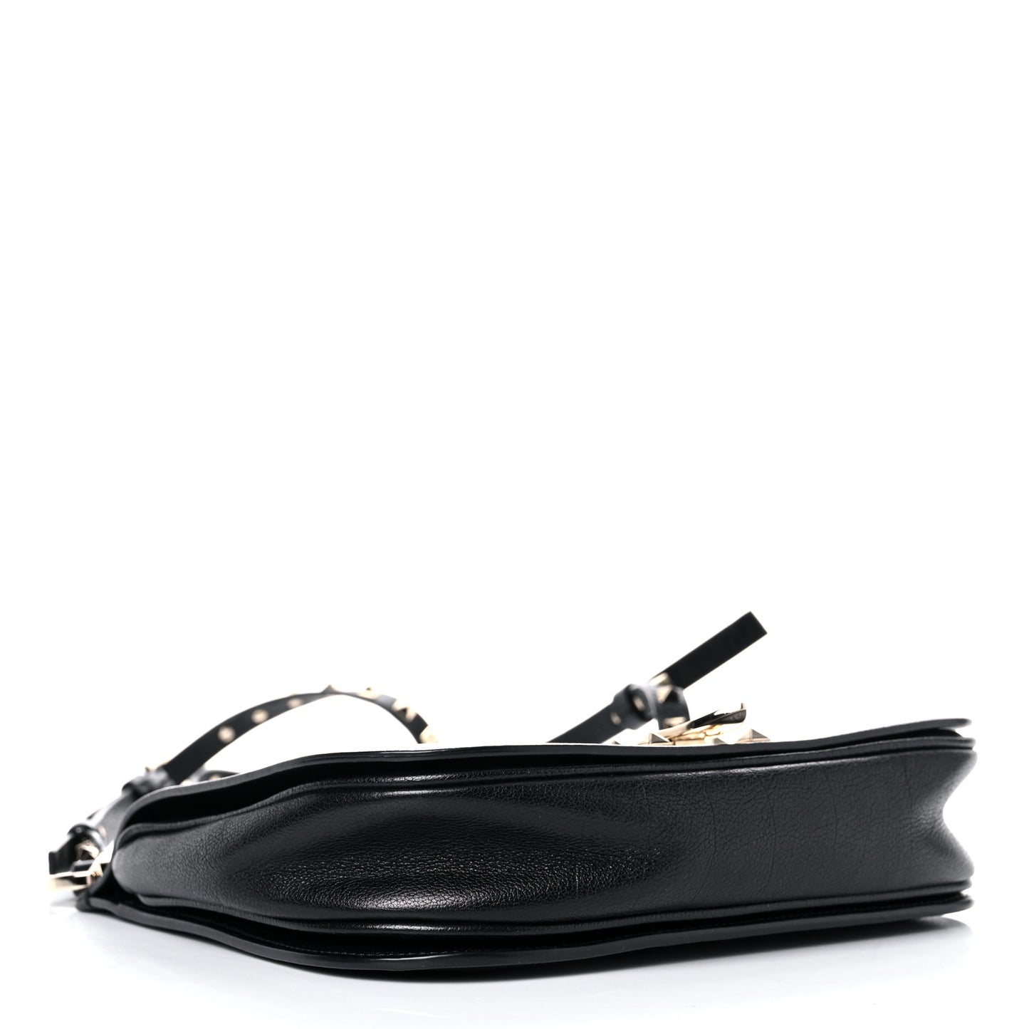 Pebbled Calfskin Rockstud Crossbody Saddle Bag Black