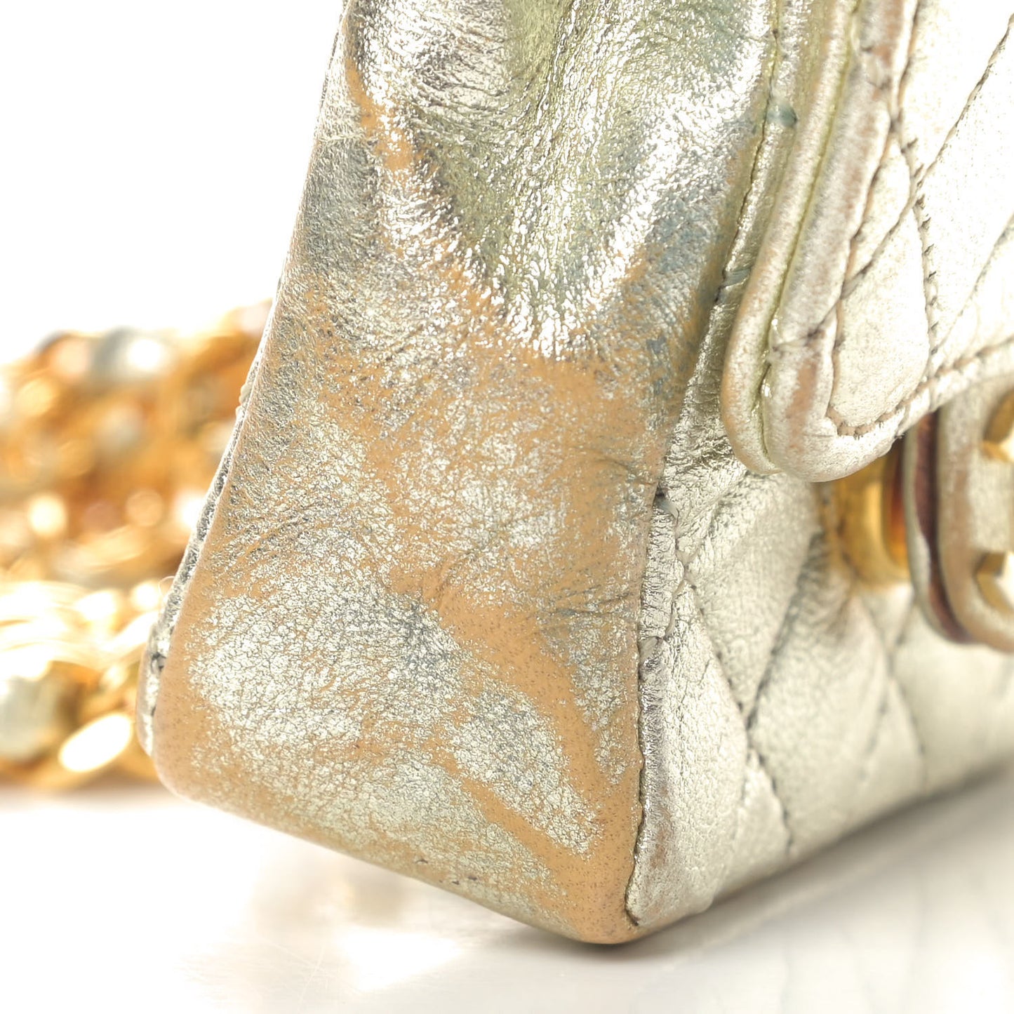 Metallic Lambskin Quilted Micro Mini Flap Gold