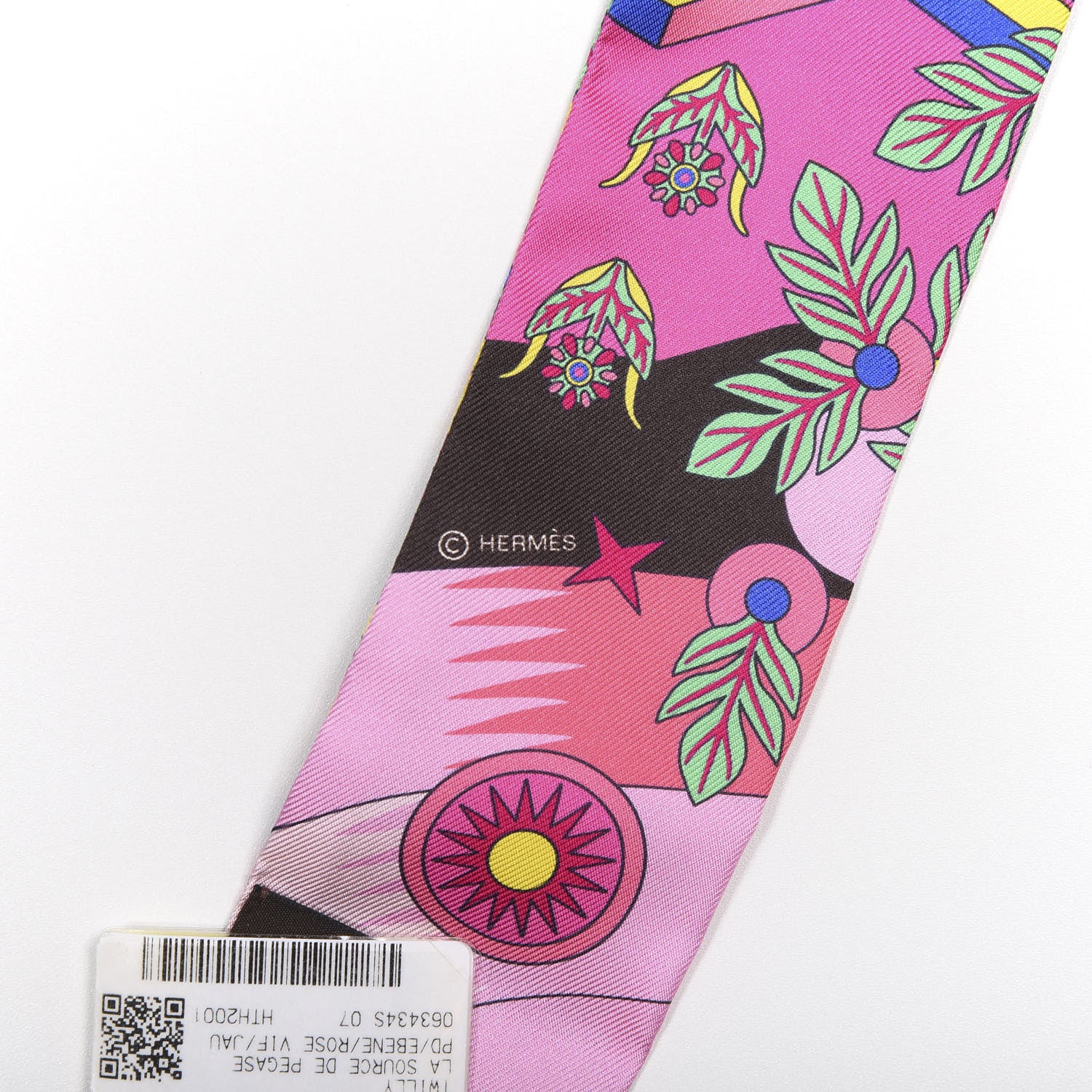 Hermes Silk La Source de Pegase Twilly Ebene Rose Vif Jaune Vif 2 of 3