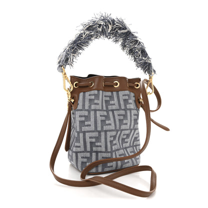 Fendi Denim Effect Fabric FF Jacquard Vitello Mini Mon Tresor Bucket Bag Blue Brown 3 of 10