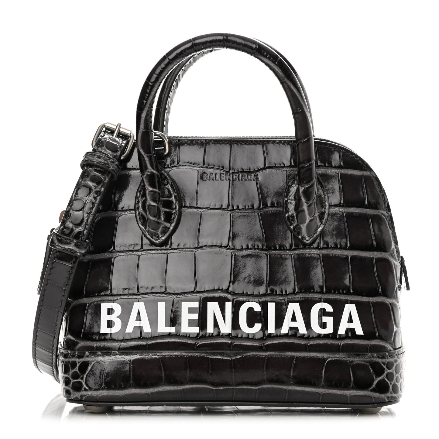 Shiny Calfskin Logo Crocodile Embossed XXS Ville Top Handle Bag Gray
