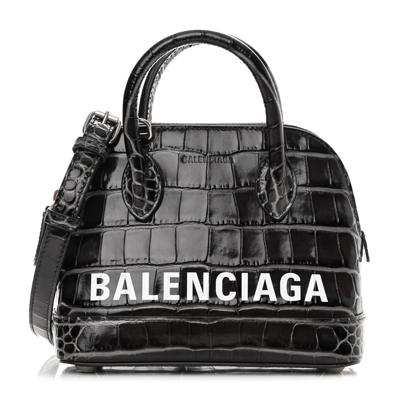 Balenciaga Shiny Calfskin Logo Crocodile Embossed XXS Ville Top Handle Bag Gray 1 of 15