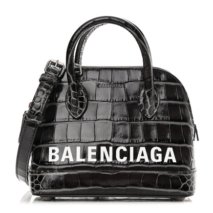Balenciaga Shiny Calfskin Logo Crocodile Embossed XXS Ville Top Handle Bag Gray 1 of 15