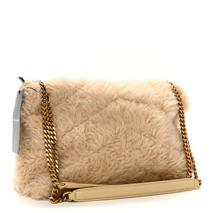 Saint Laurent Merino Shearling Lambskin Quilted Small Loulou Puffer Monogram Chain Satchel Natural Beige 3 of 11