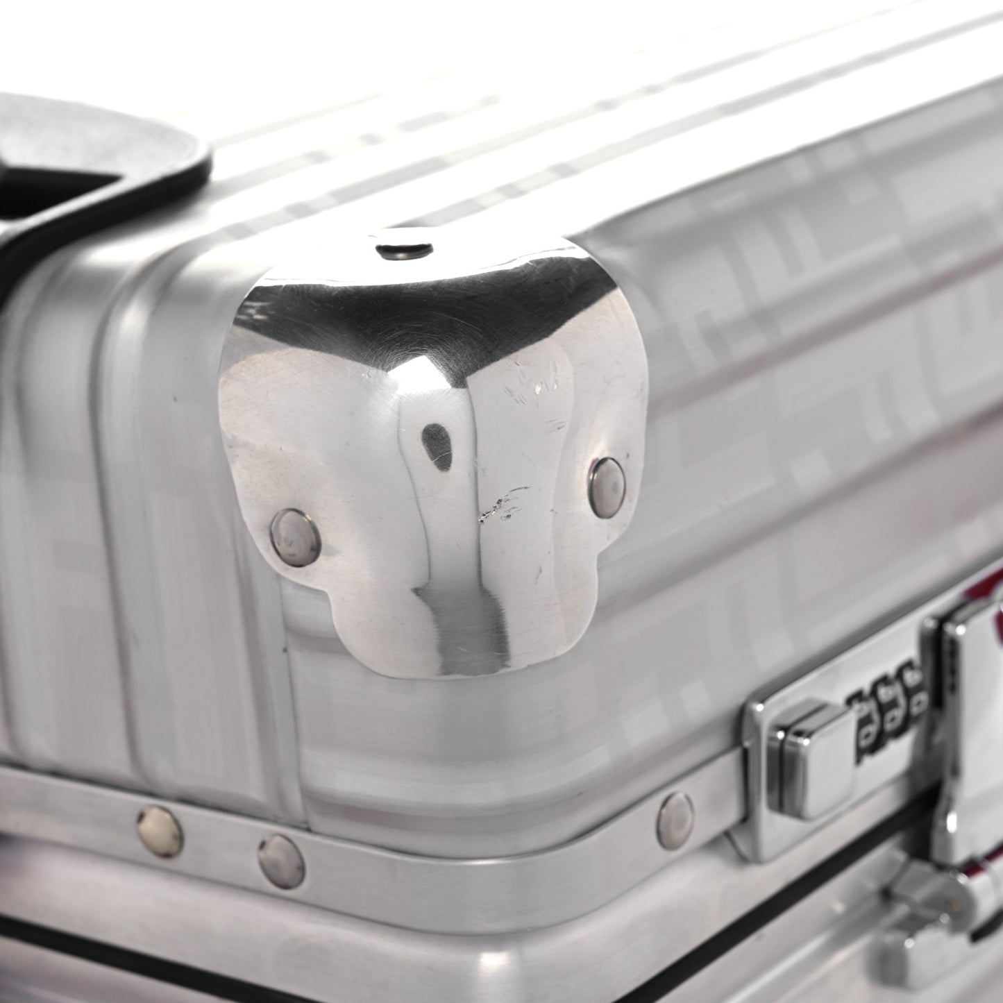 X RIMOWA Aluminum FF Print Roll Away Carry On Luggage Silver Red