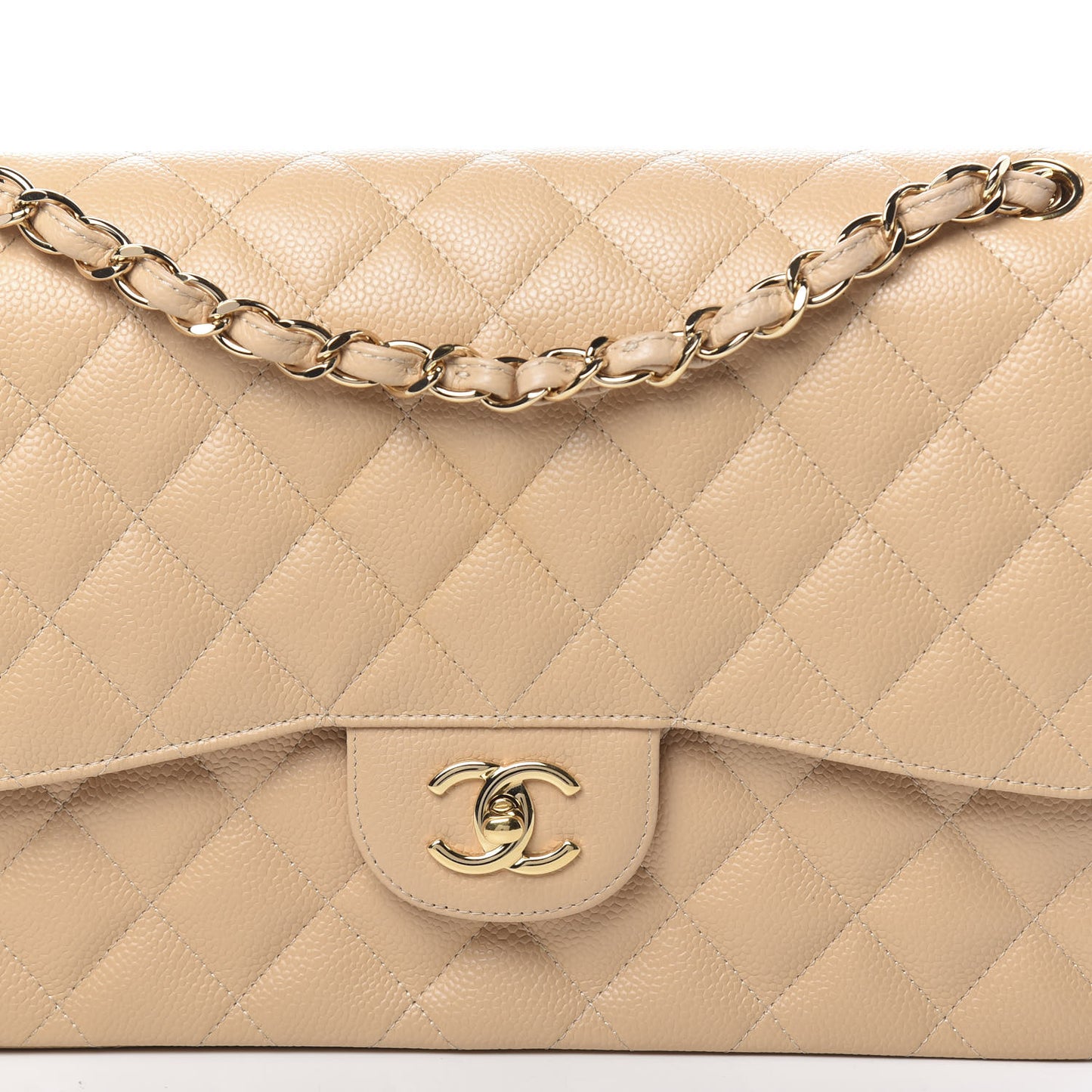 Caviar Quilted Jumbo Double Flap Beige