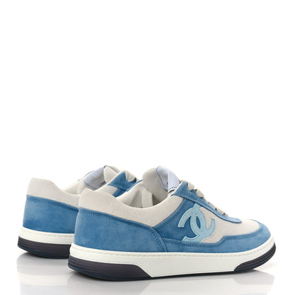 Chanel Suede Kidskin Womens CC Sneakers 38.5 White Blue 3 of 10
