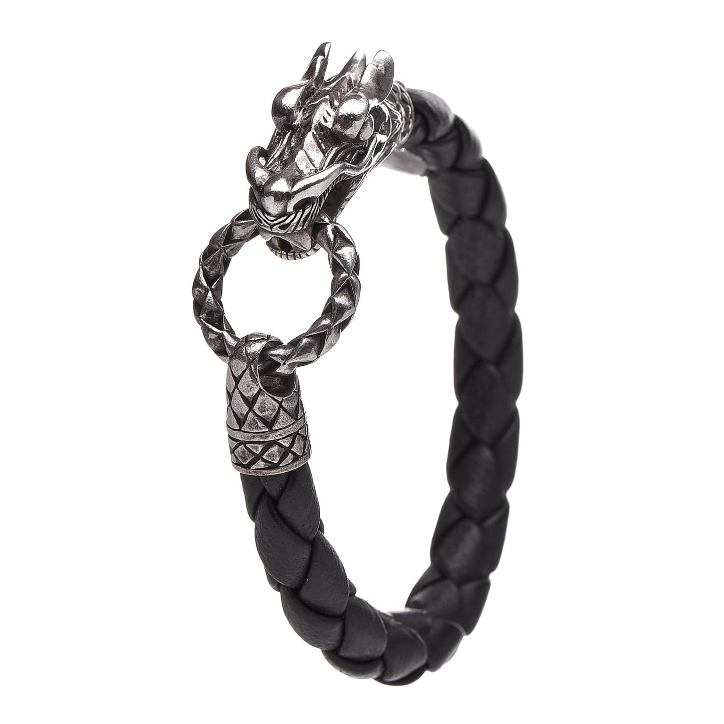 Sterling Silver Leather Naga Dragon Legend Bracelet Black