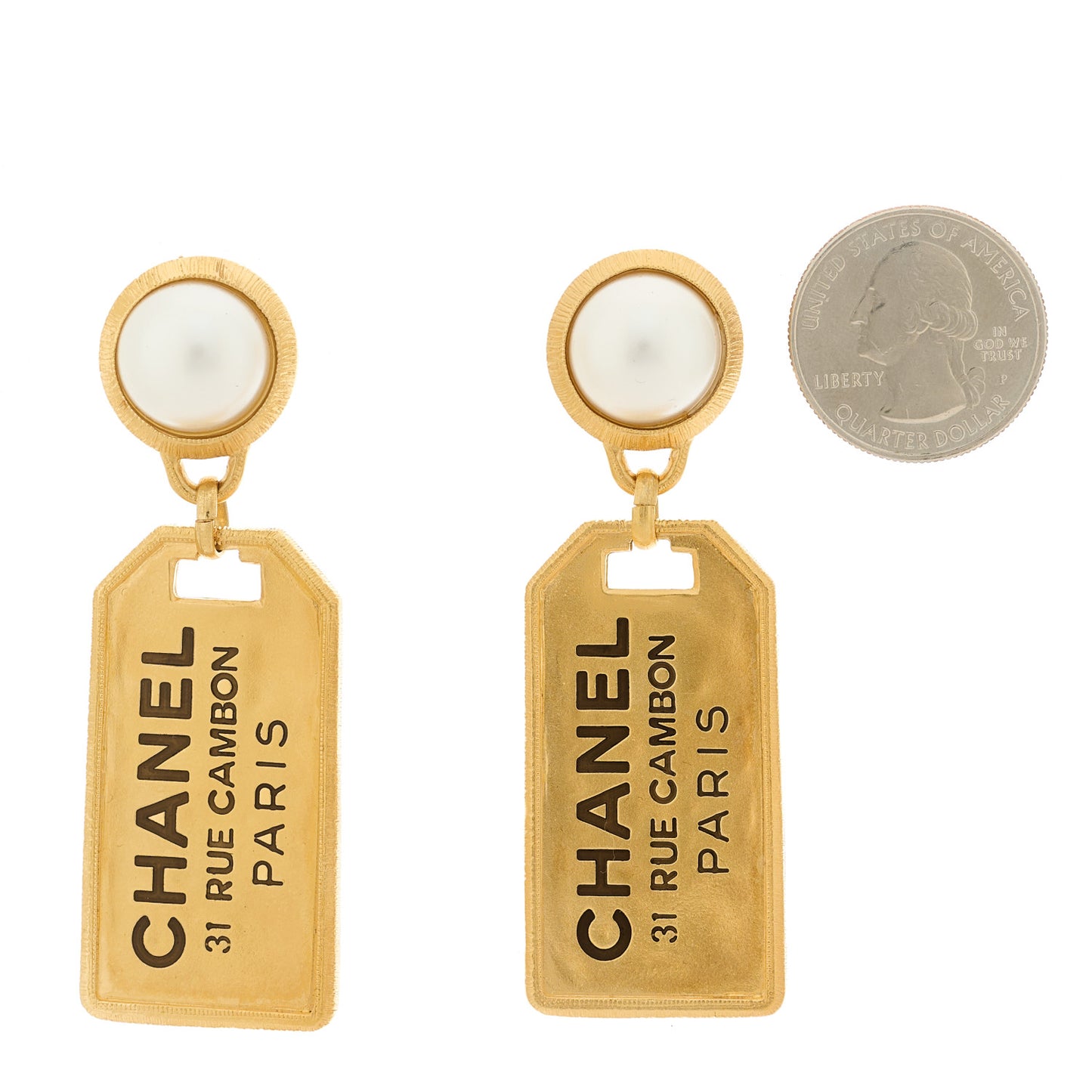 Pearl CC Tags Drop Earrings Gold