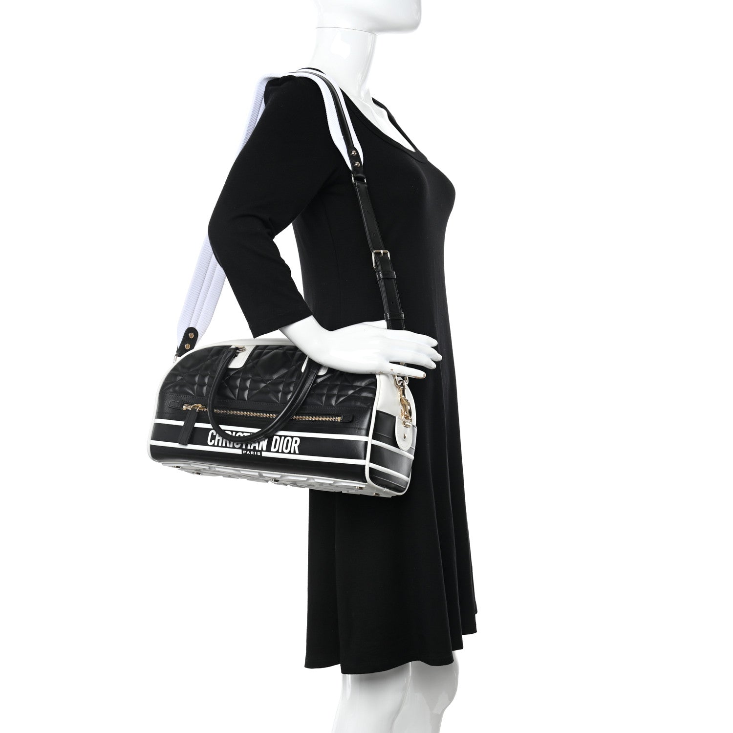 Christian Dior Lambskin Cannage Medium Dior Vibe Zip Bowling Bag Black White 2 of 17