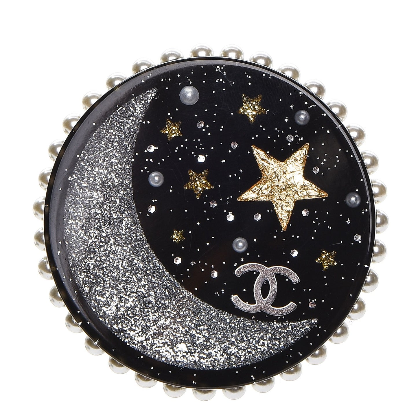 Glittered Resin Crystal Pearl CC Moon Pin Brooch Black Gold Silver