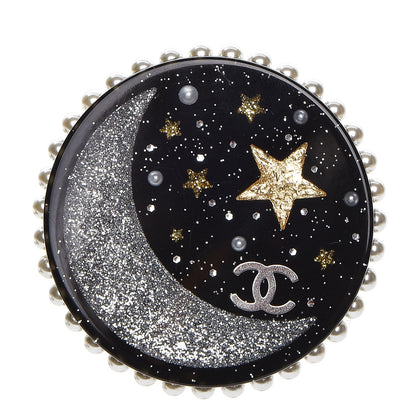 Chanel Glittered Resin Crystal Pearl CC Moon Pin Brooch Black Gold Silver 1 of 4