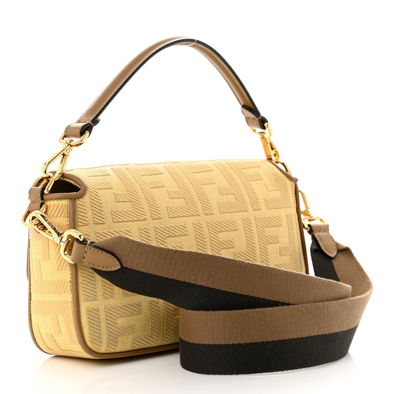 Fendi Raffia Vitello King Lucido FF Embroidered Baguette Grano Sand 3 of 14