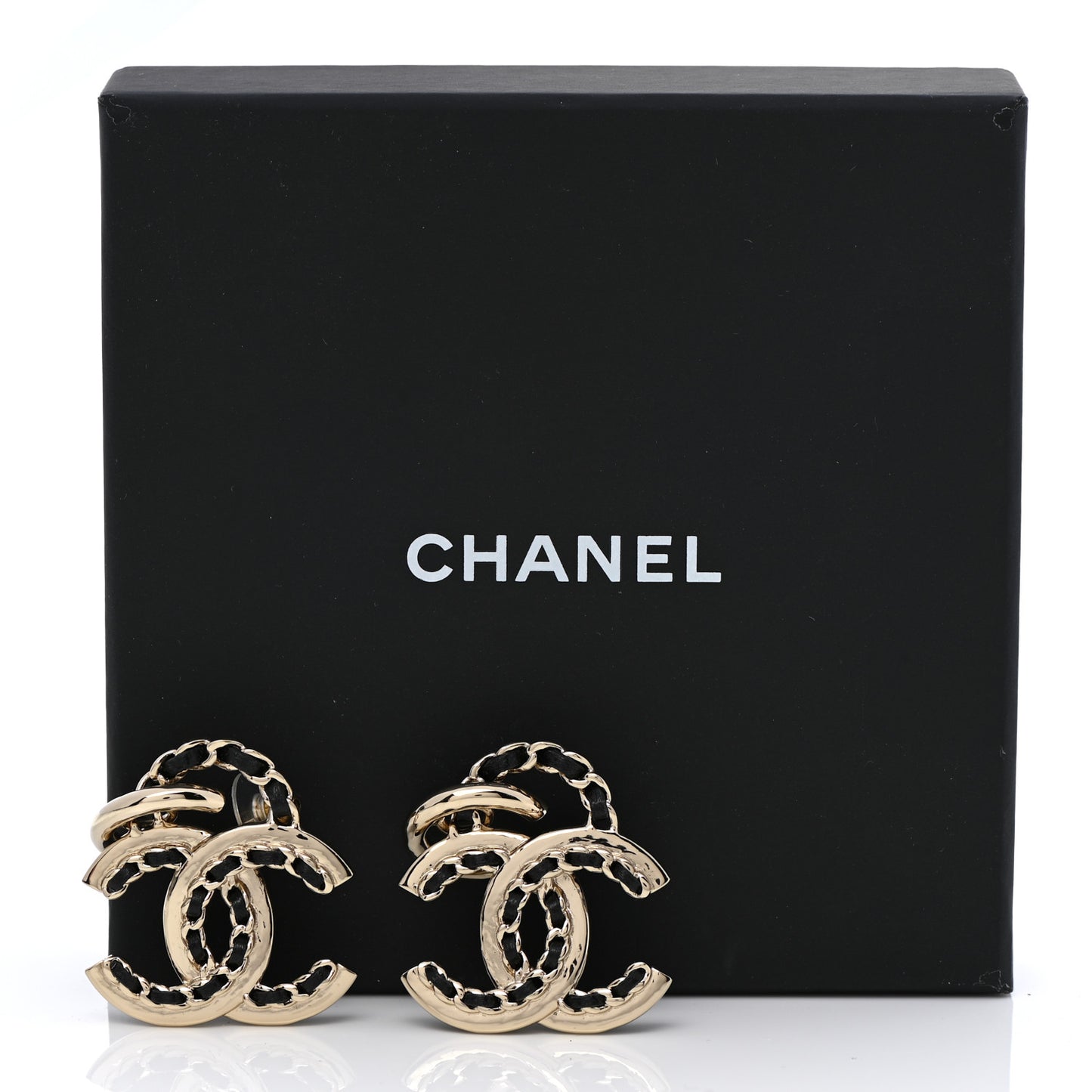 Lambskin Chain CC Drop Earrings Black Gold