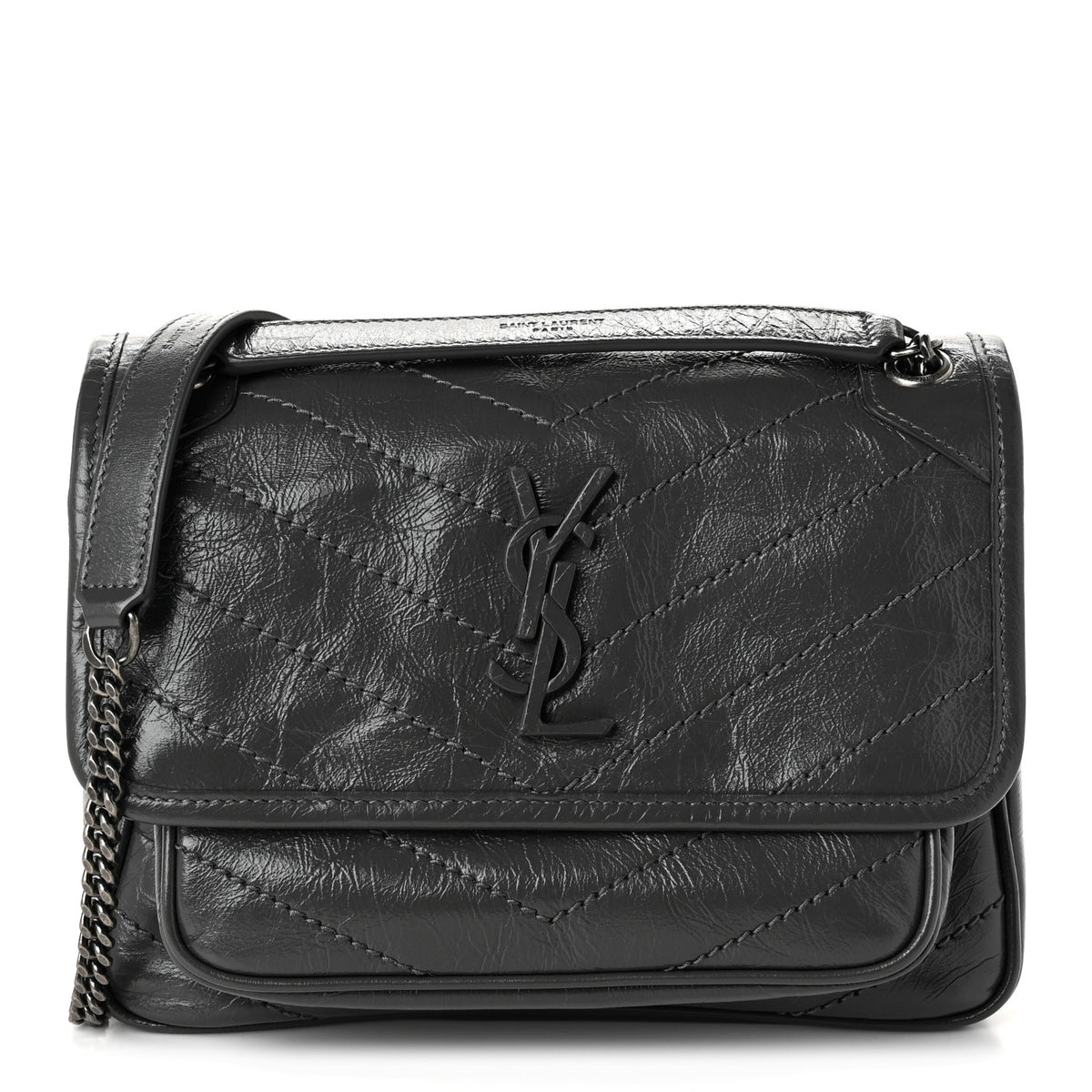 Crinkled Calfskin Matelasse Monogram Baby Niki Chain Satchel Storm