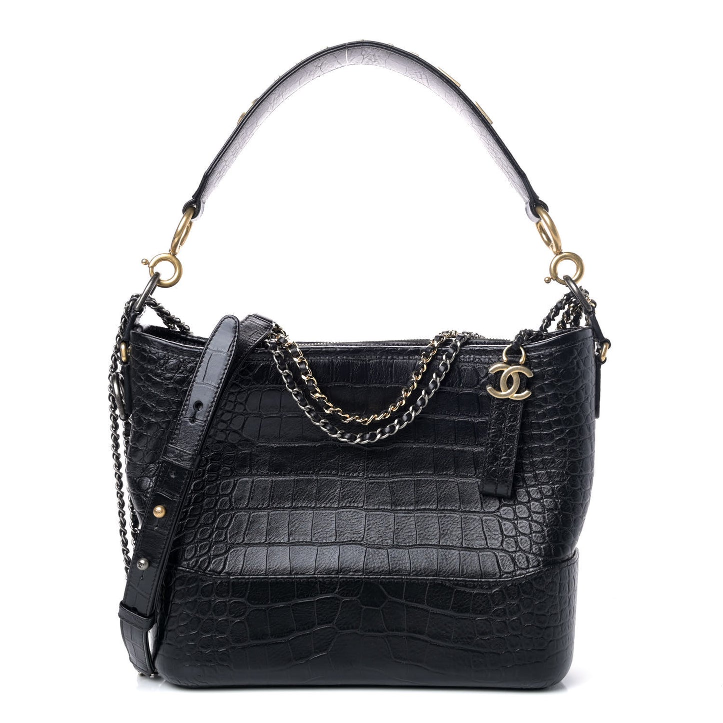 Crocodile Embossed Calfskin Medium Gabrielle Cocodile Hobo Black