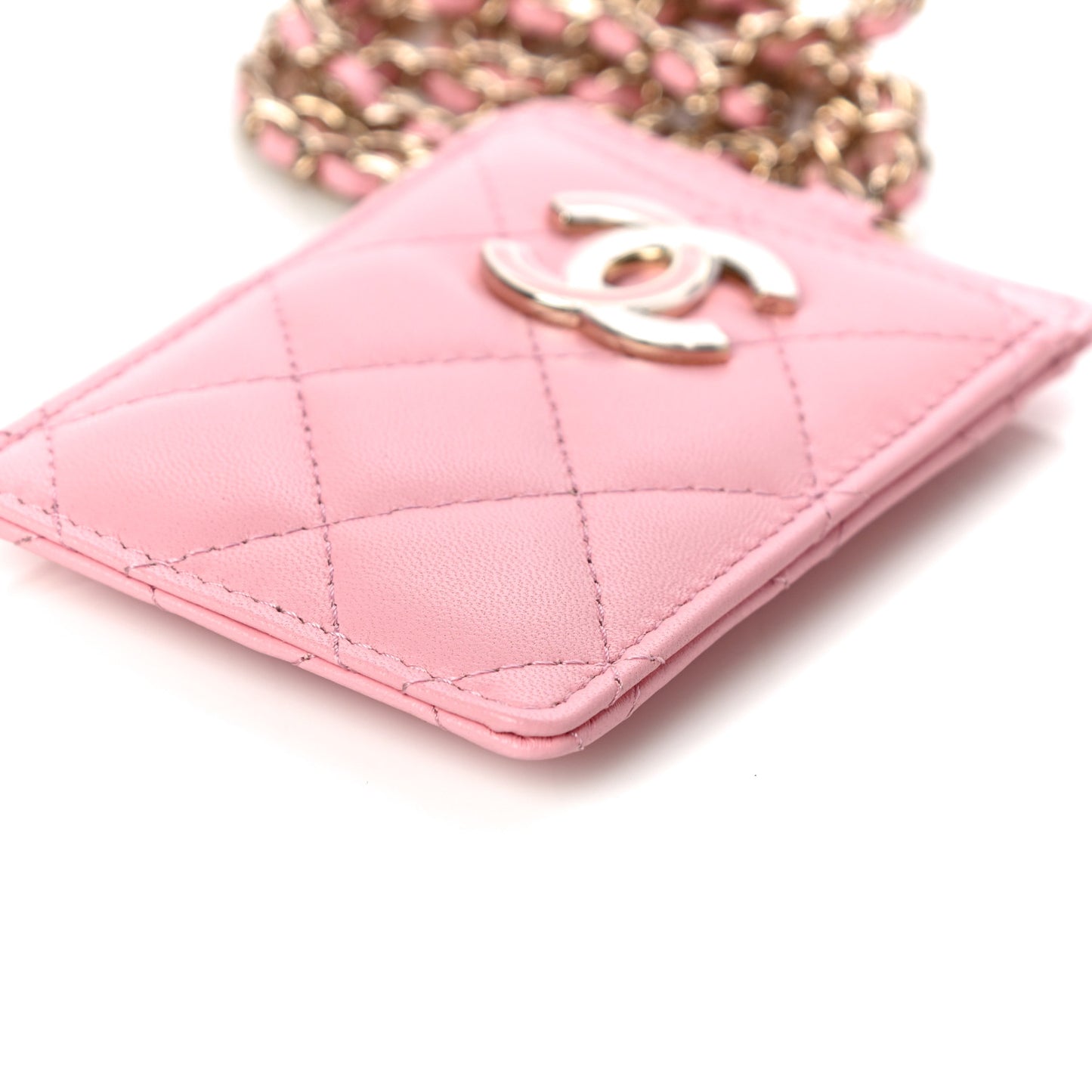 Lambskin Quilted Chanel Card Holder On Chain Pink