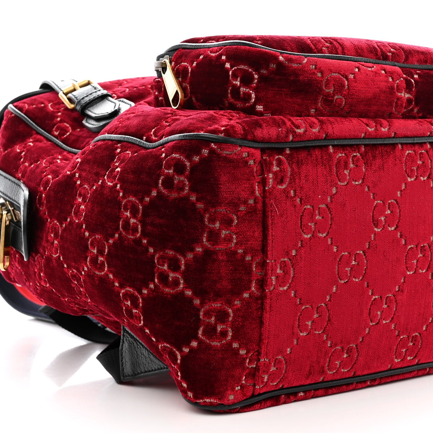 Gucci Velvet GG Monogram Textured Calfskin Web Small Double Buckle Backpack Red Cipria Black 10 of 11