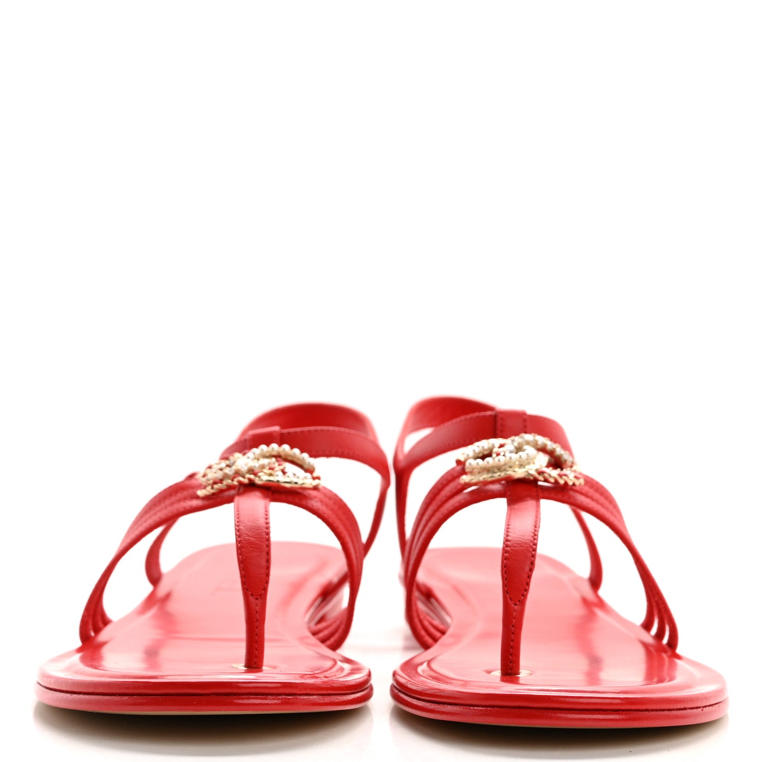 Chanel Lambskin Pearl Crystal CC Thong Sandals 39 Red 2 of 9