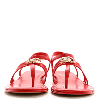 Chanel Lambskin Pearl Crystal CC Thong Sandals 39 Red 2 of 9