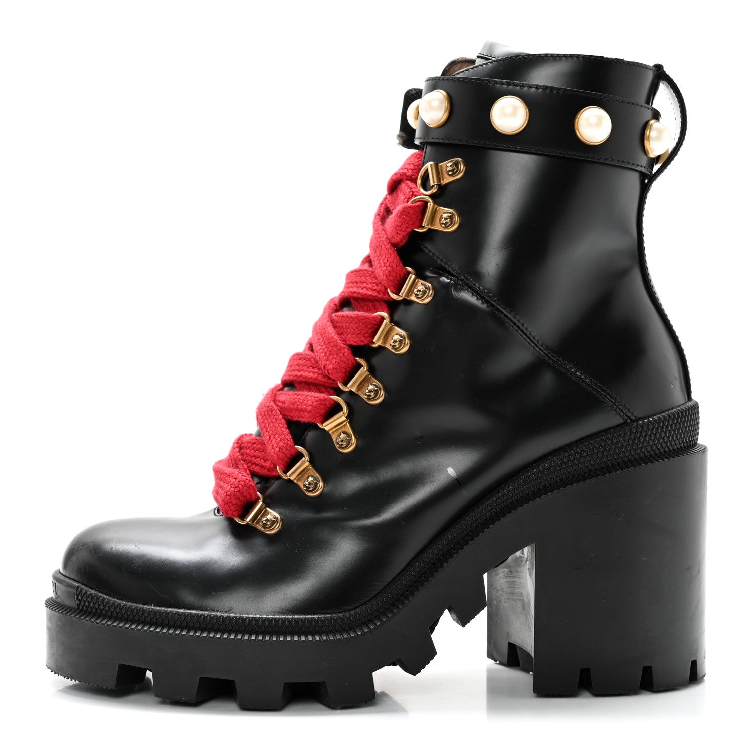 Gucci Magnum Calfskin Pearl Lace Up Combat Ankle Boots 38.5 Black 1 of 15