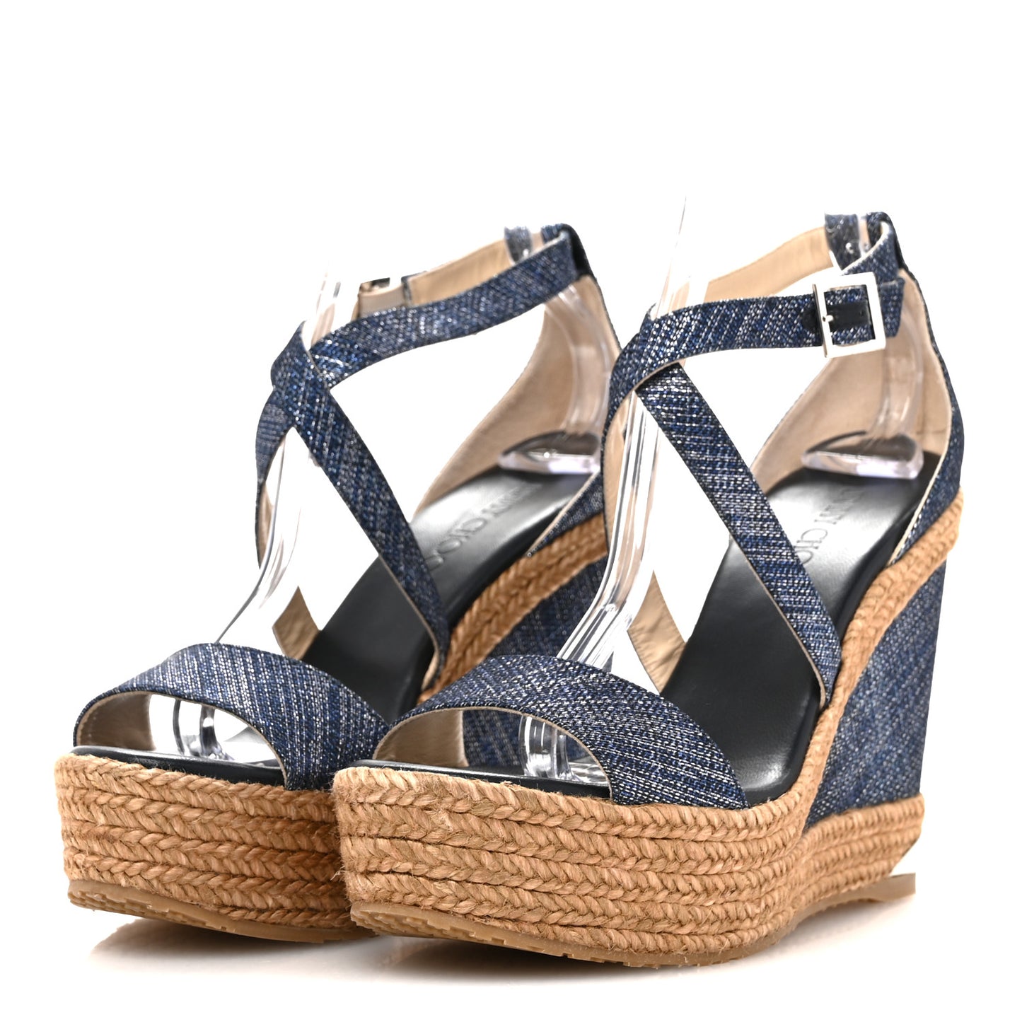Metallic Denim Cork Portia 120 Wedge Sandals 40 Navy