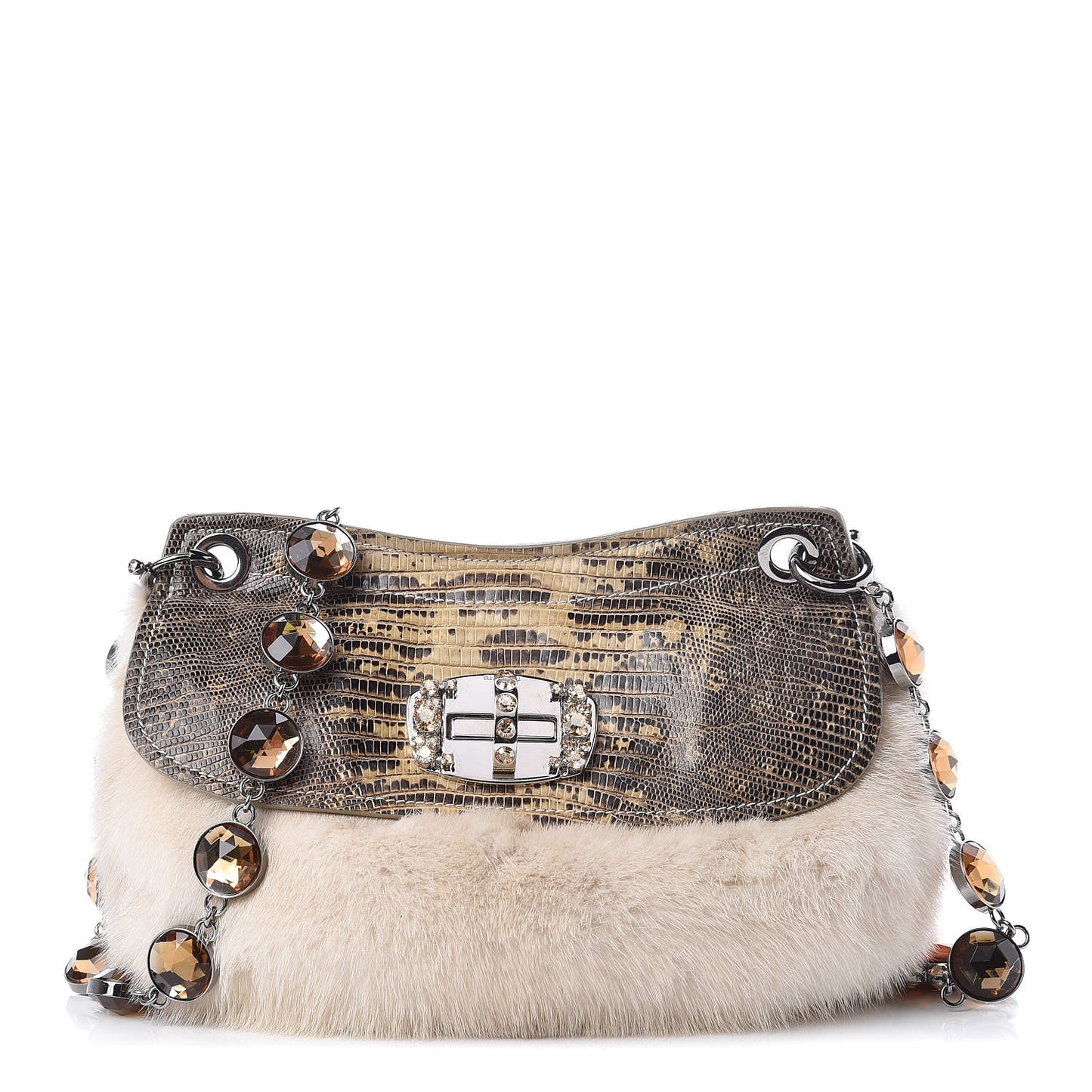 Rabbit Fur Lizard Crystal Shoulder Bag Avorio