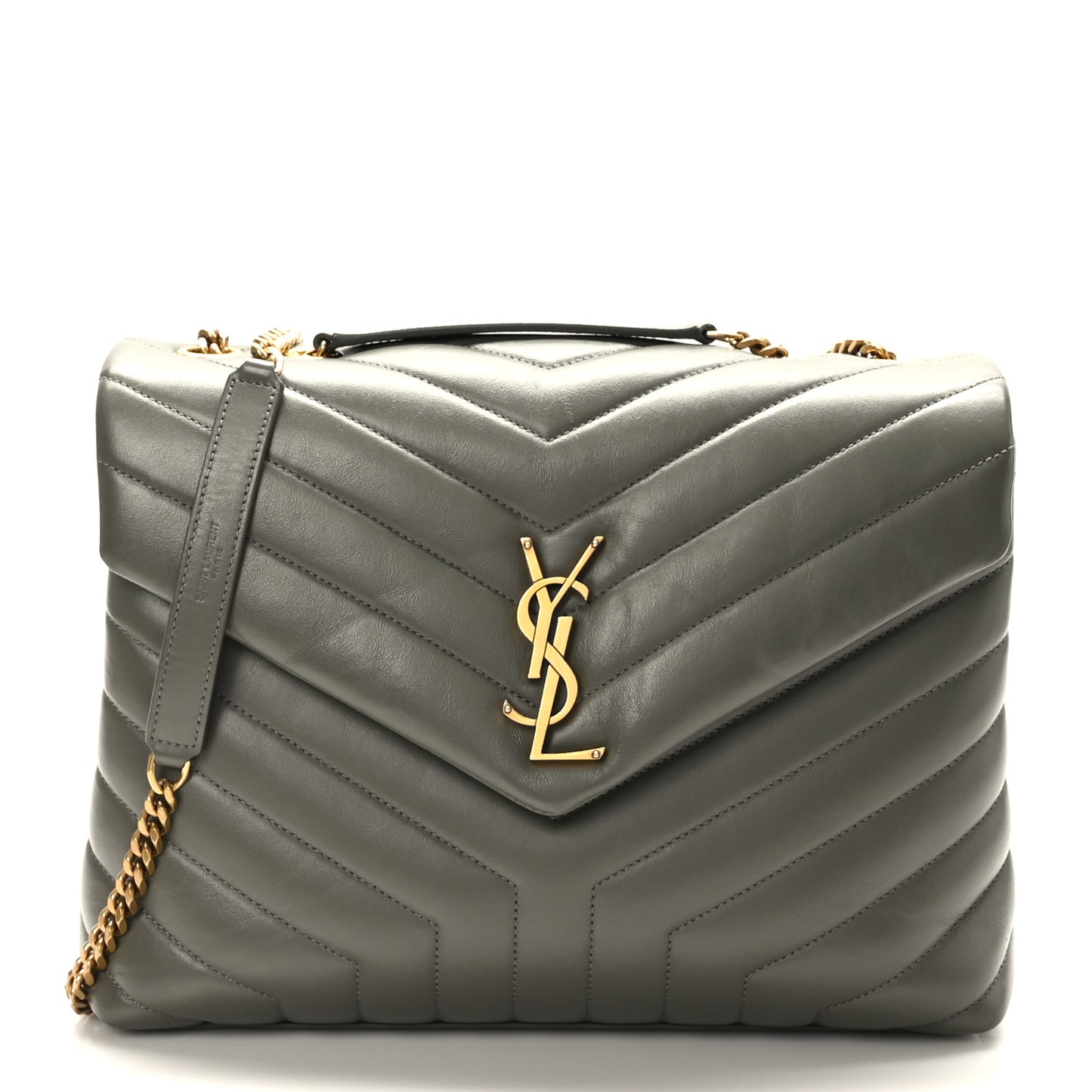 Calfskin Y Quilted Monogram Medium Loulou Chain Satchel Grey Kaki